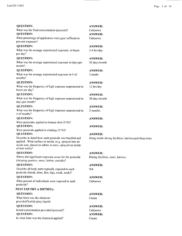   Lead Sheet #15402, Interview with 227th Medical Detachment preventive Medicine NCO, April 20, 1998.