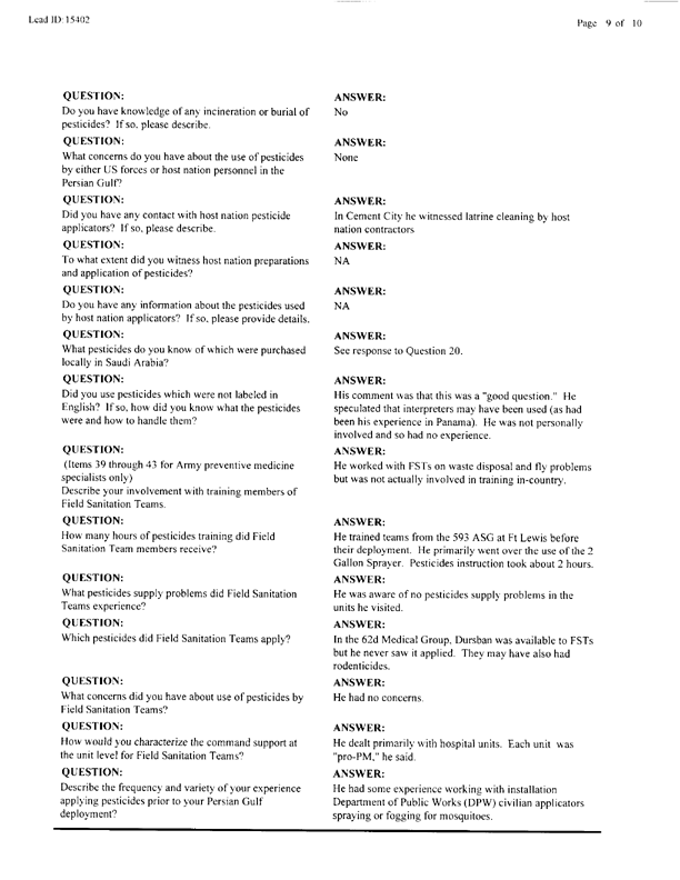   Lead Sheet #15402, Interview with 227th Medical Detachment preventive Medicine NCO, April 20, 1998.