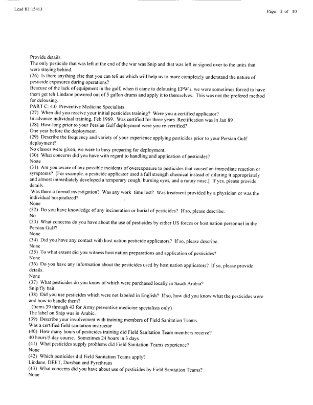   Lead Sheet #15413, Interview with preventive medicine specialist, 105th Medical Detachment, March 10, 1998.