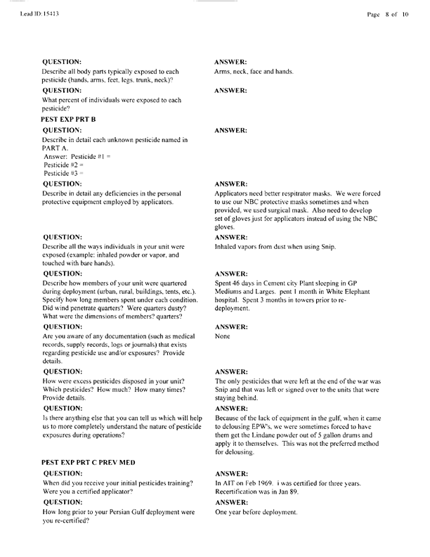   Lead Sheet #15413, Interview with preventive medicine specialist, 105th Medical Detachment, March 10, 1998.