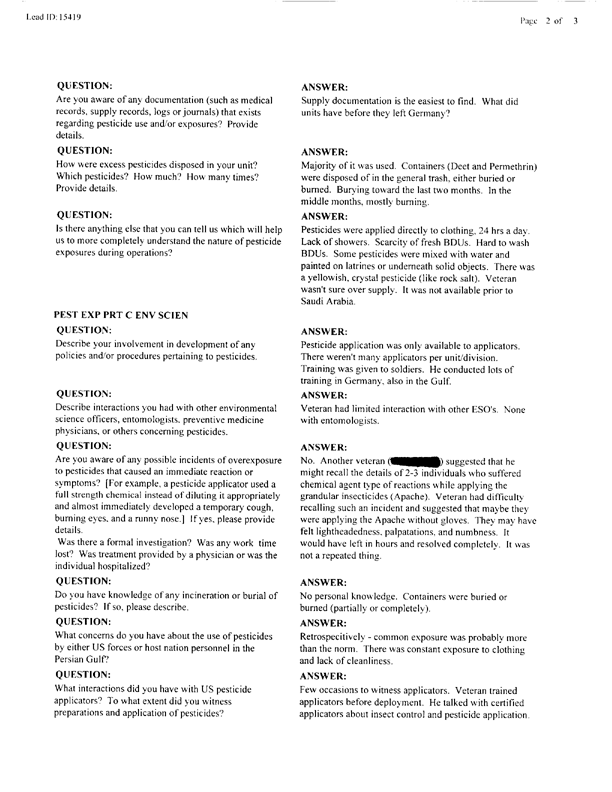   Lead Sheet #15419, Interview with Gulf War veteran, March 10, 1998.