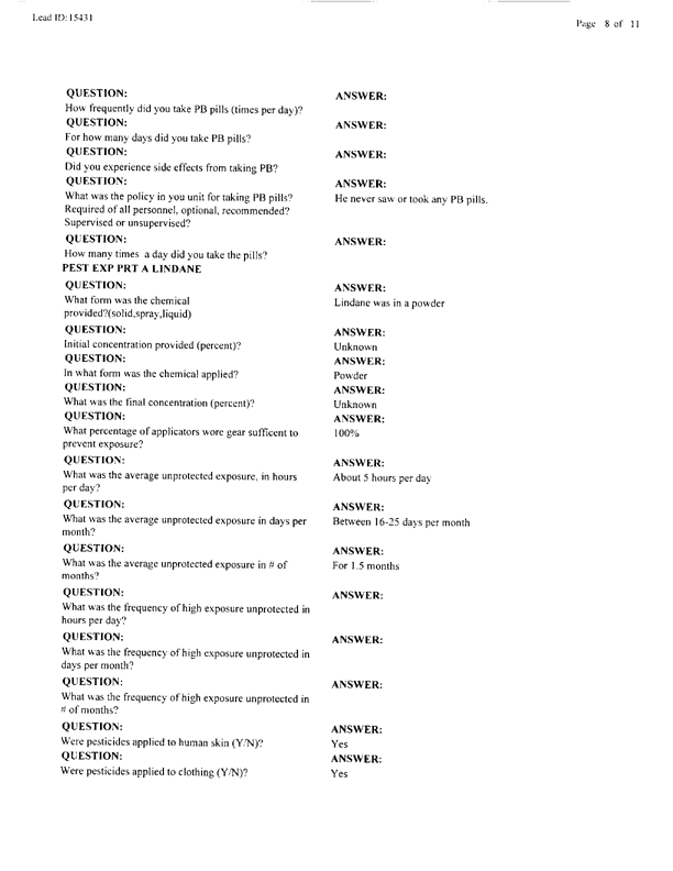 Lead Sheet #15431, Interview with 14th Medical Detachment preventive medicine specialist, March 11, 1998.