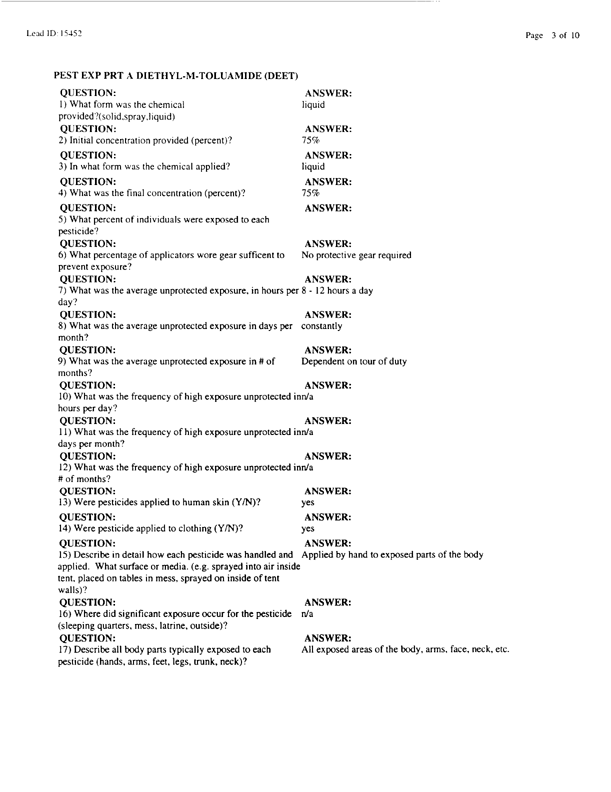   Lead Sheet #15452, Interview with 714th Medical Detachment preventive medicine specialist, March 12, 1998.