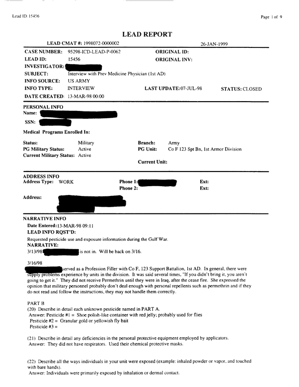   Lead Sheet #15456, Interview with 1st Armored Division, preventive medicine physician, March 13, 1998.