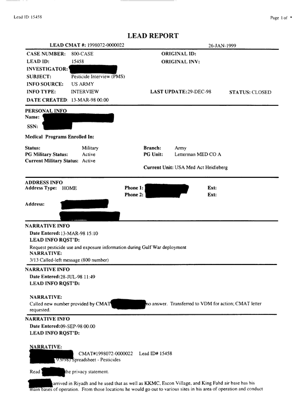   Lead Sheet #15458, Interview with Undetermined unit USA preventive medicine specialist, September 9, 1998.