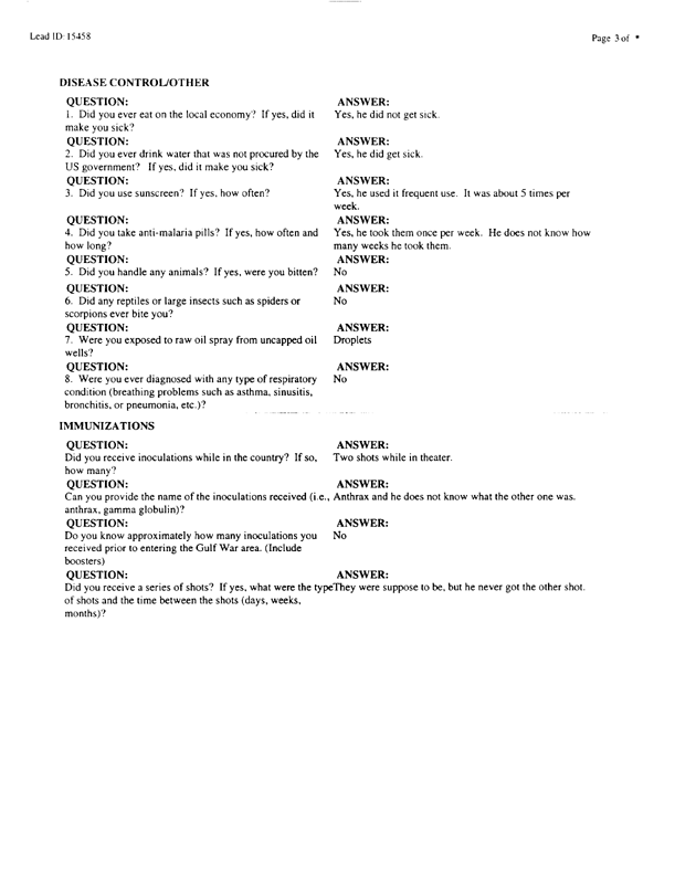   Lead Sheet #15458, Interview with undetermined unit US Army preventive medicine specialist, September 9, 1998.