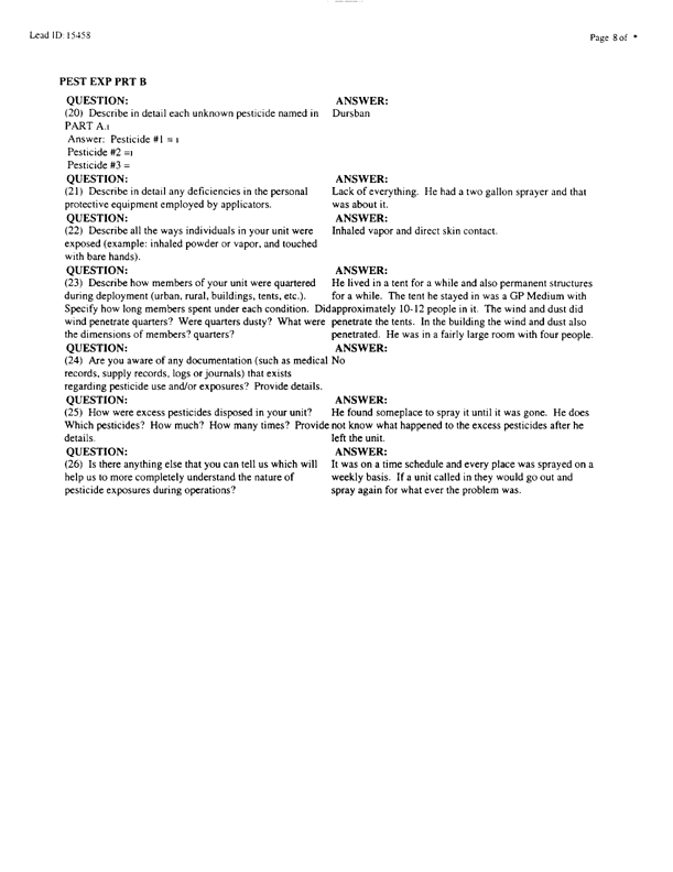   Lead Sheet #15458, Interview with Undetermined unit USA preventive medicine specialist, September 9, 1998.