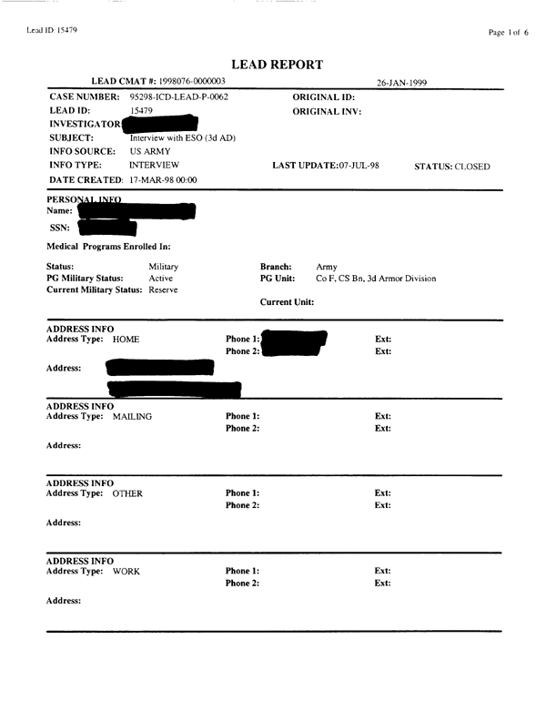   Lead Sheet #15479, Interview with 3rd Armored Division, 122nd Combat Support Battalion, Company F environmental science officer, March 17, 1998.