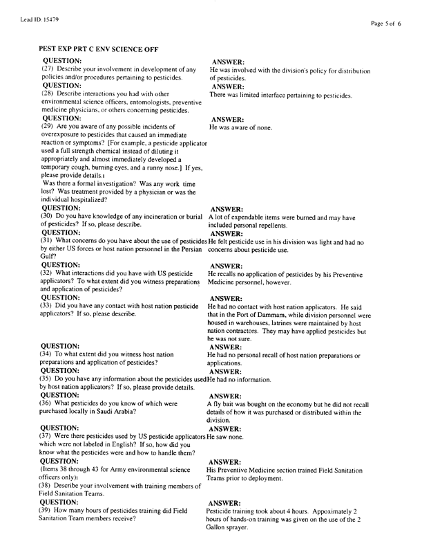   Lead Sheet #15479, Interview with 3rd Armored Division, 122nd Combat Support Battalion, Company F environmental science officer, March 17, 1998.