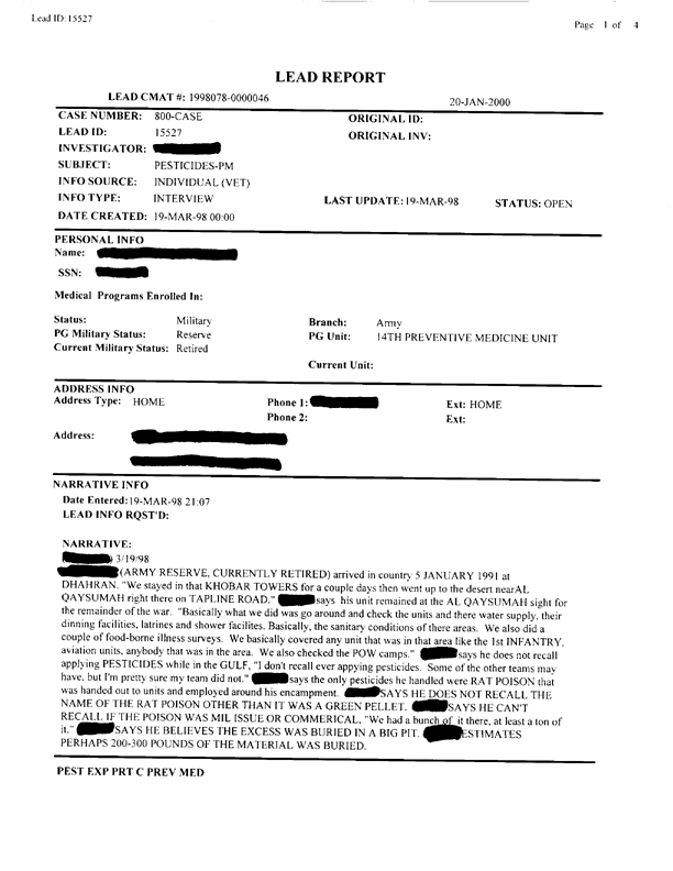   Lead Sheet #15527, Interview with 14th Medical Detachment preventive medicine specialist, March 19, 1998.