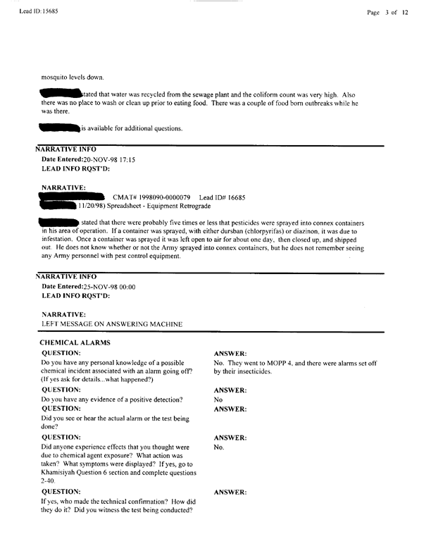   Lead Sheet #15685, Interview with 2nd Medical Battalion preventive medicine technician, June 15, 1998