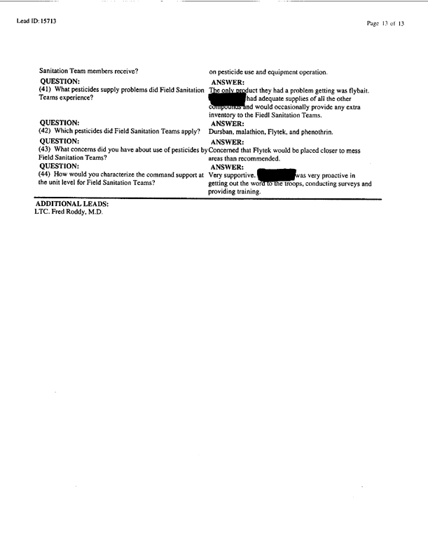 Lead Sheet #15713, Interview with 173rd Medical Group preventive medicine specialist, April 15, 1998;