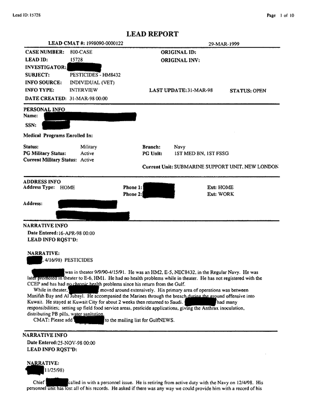   Lead Sheet #15728, Interview with 1st Medical Battalion preventive medicine specialist, April 16, 1998.