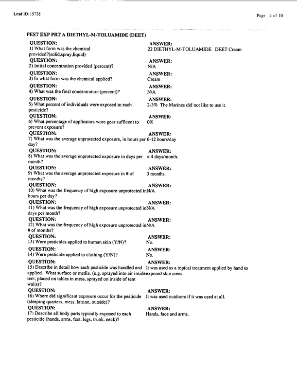   Lead Sheet #15728, Interview with 1st Medical Battalion preventive medicine specialist, April 16, 1998.