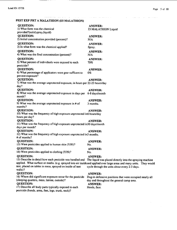   Lead Sheet #15728, Interview with 1st Medical Battalion preventive medicine specialist, April 16, 1998.