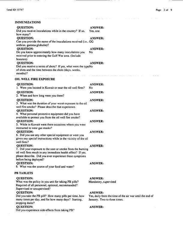   Lead Sheet #15747, Interview with 1st Marine Expeditionary Brigade preventive medicine technician, April 8, 1998.