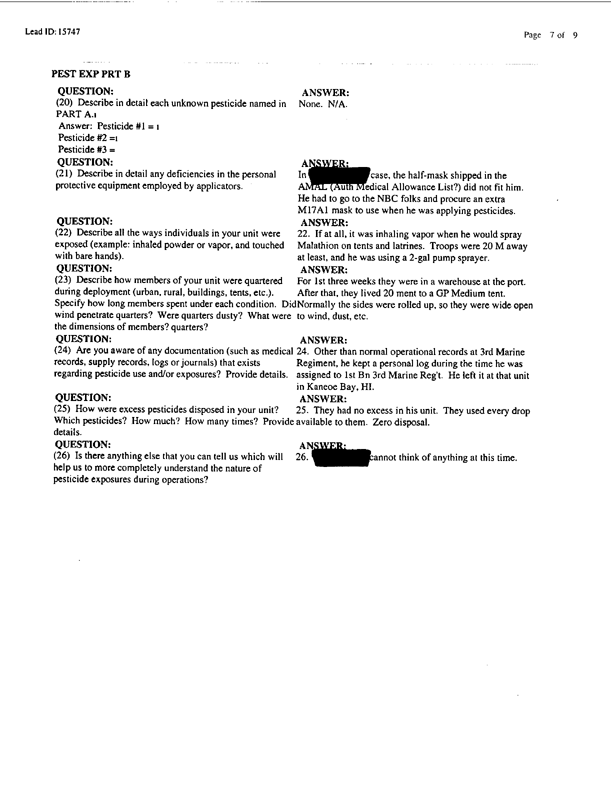 Lead Sheet #15747, Interview with 1st Marine Expeditionary Brigade preventive medicine technician, April 8, 1998;