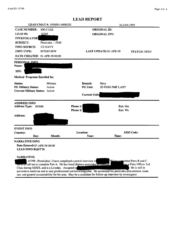   Lead Sheet #15749, Interview with 2nd Medical Battalion preventive medicine technician, April 7, 1998.