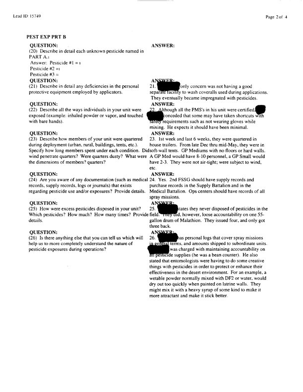   Lead Sheet #15749, Interview with 2nd Medical Battalion preventive medicine technician, April 7, 1998.