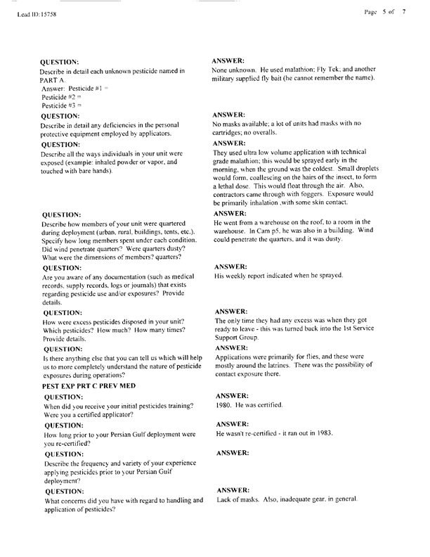   Lead Sheet #15758, Interview with 1st Marine Expeditionary Force preventive medicine technician, April 6, 1998.