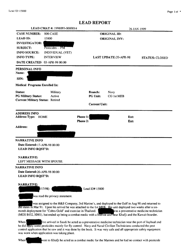   Lead Sheet #15800, Interview with 1st Marine Expeditionary Brigade preventive medicine technician, April 17, 1998.