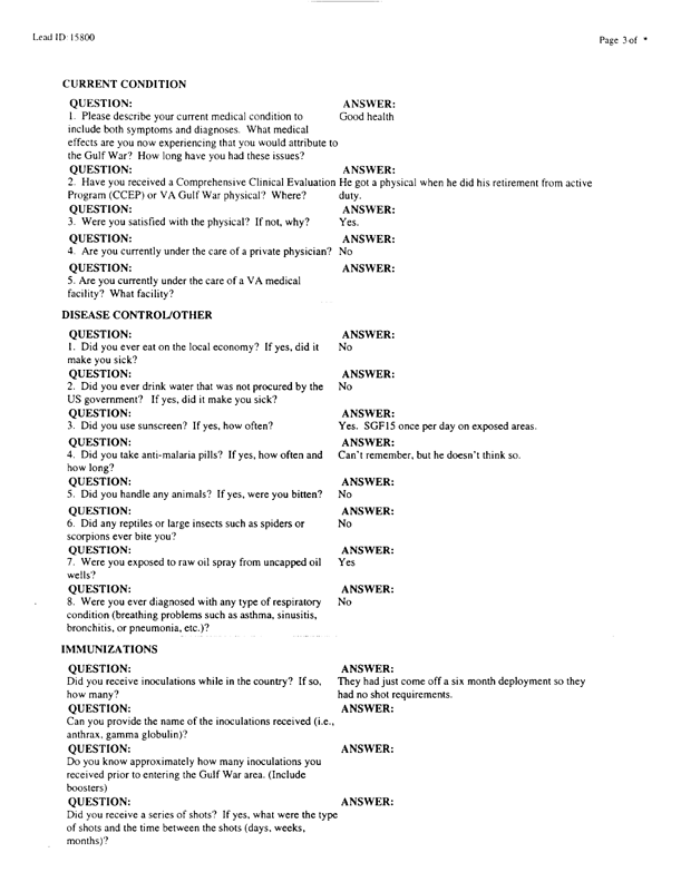  Lead Sheet #15800, Interview with 1st Marine Expeditionary Brigade preventive medicine technician, April 17, 1998.