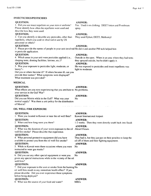   Lead Sheet #15800, Interview with 1st Marine Expeditionary Brigade preventive medicine technician, April 17, 1998.