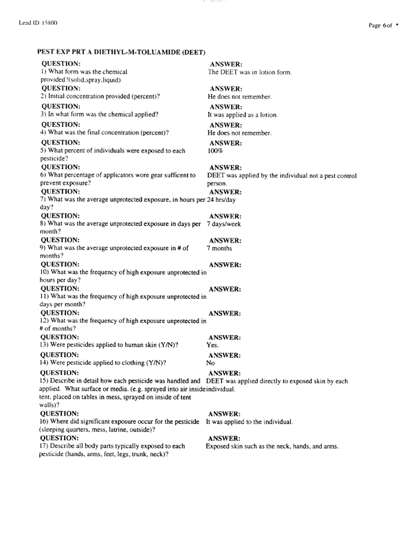   Lead Sheet #15800, Interview with 1st Marine Expeditionary Brigade preventive medicine technician, April 17, 1998.