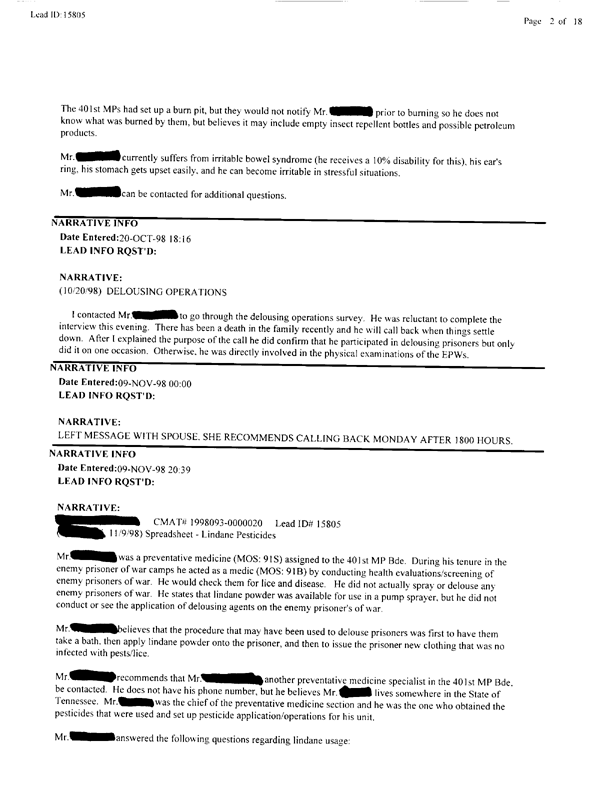   Lead Sheet #15805, Interview with 401st Military Police Camp preventive medicine specialist, April 20, 1998.
