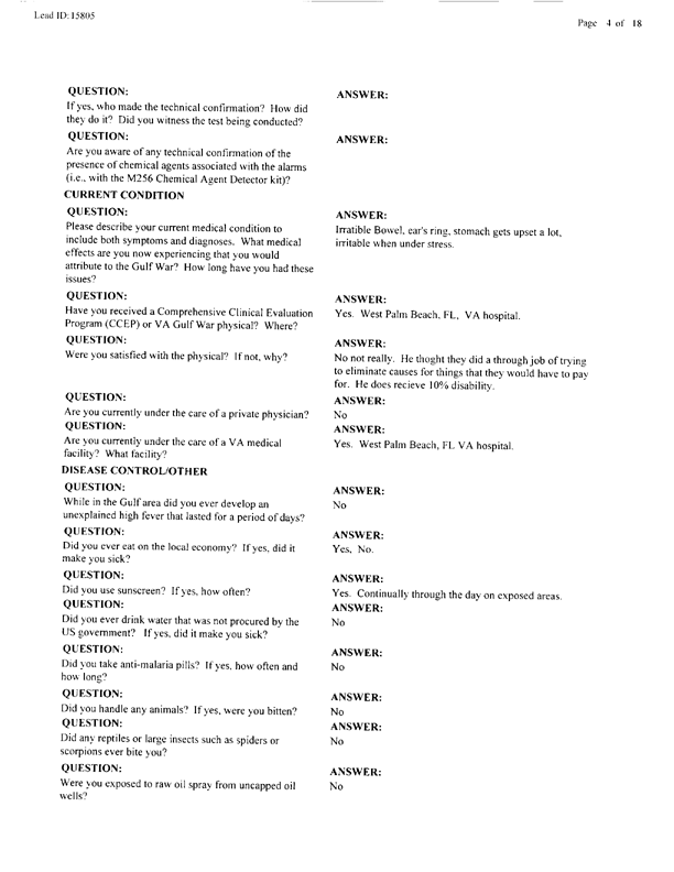   Lead Sheet #15805, Interview with 401st Military Police Camp preventive medicine specialist, April 20, 1998.