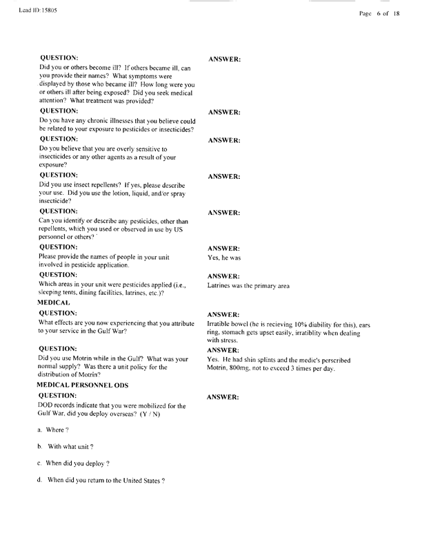   Lead Sheet #15805, Interview with 401st Military Police Camp preventive medicine specialist, April 20, 1998.
