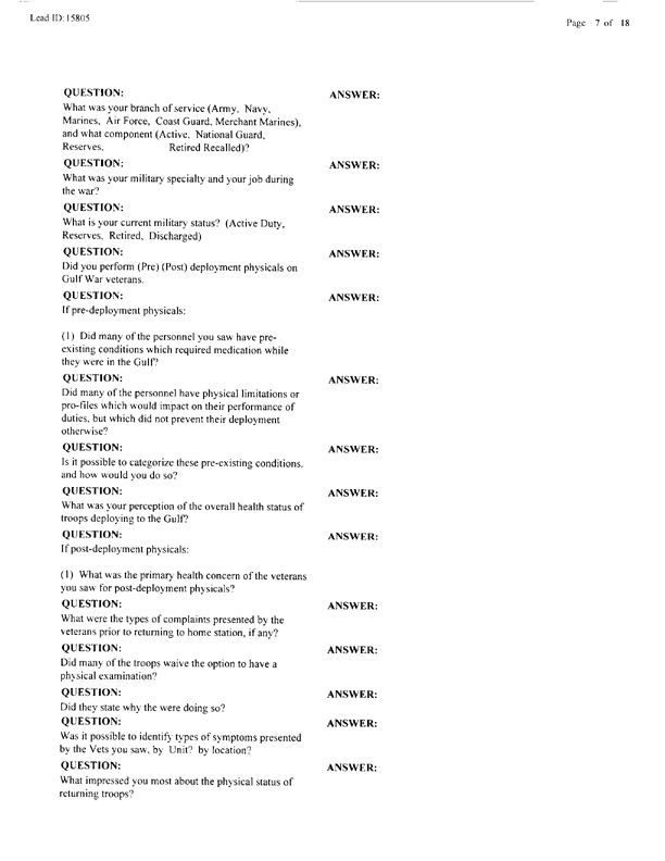   Lead Sheet #15805, Interview with 401st Military Police Camp preventive medicine specialist, April 20, 1998.