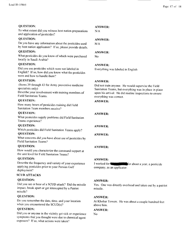   Lead Sheet #15805, Interview with 401st Military Police Camp preventive medicine specialist, April 20, 1998.