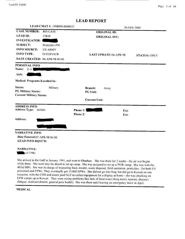   Lead Sheet #15848, Interview with 403rd Enemy Prisoner of War Camp preventive medicine specialist, April 7, 1998.