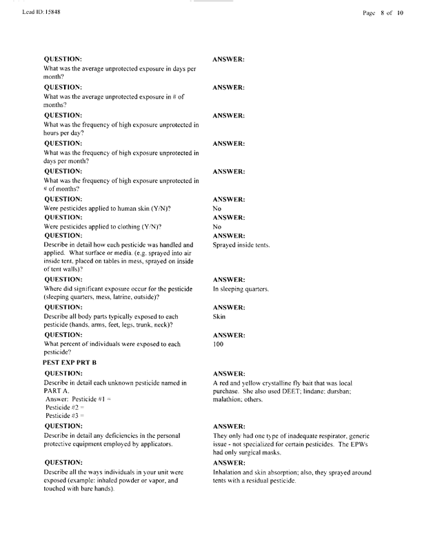   Lead Sheet #15848, Interview with 403rd Enemy Prisoner of War Camp preventive medicine specialist, April 7, 1998.