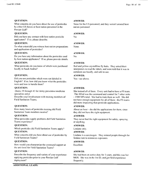   Lead Sheet #15848, Interview with 403rd Enemy Prisoner of War Camp preventive medicine specialist, April 7, 1998.