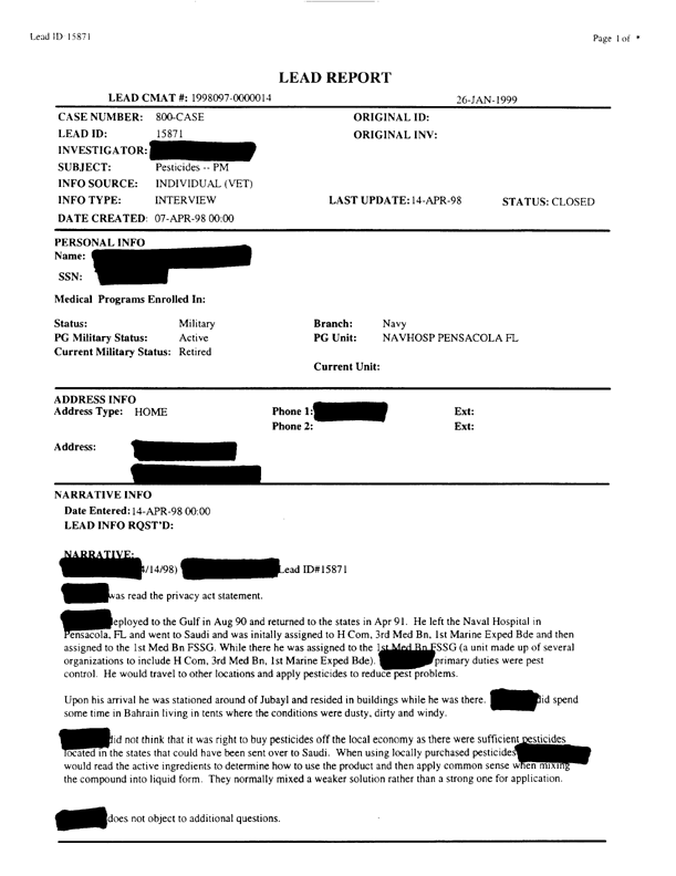   Lead Sheet #15871, Interview with 1st Marine Division preventive medicine technician, April 14, 1998.