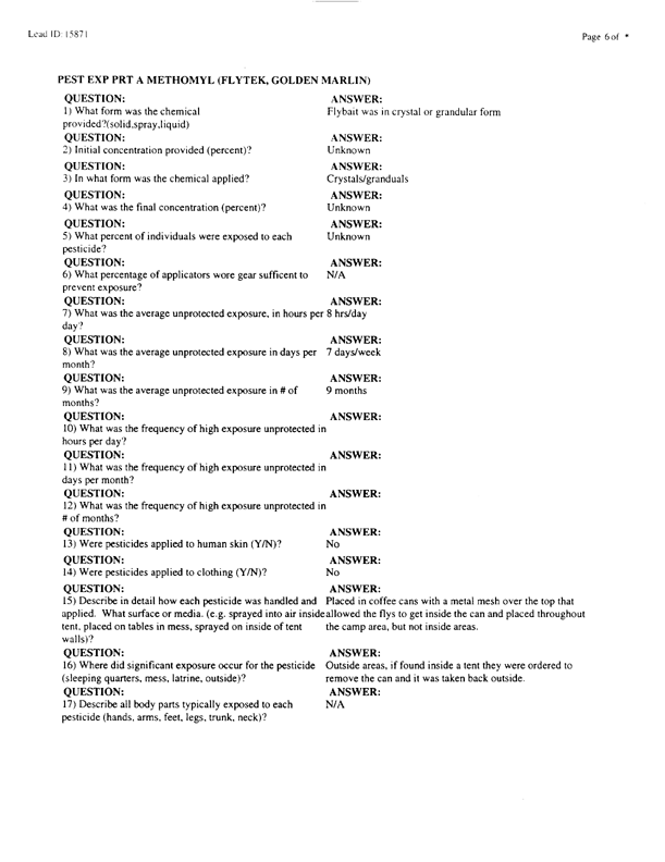   Lead Sheet #15871, Interview with 1st Medical Battalion preventive medicine technician, April 14, 1998.