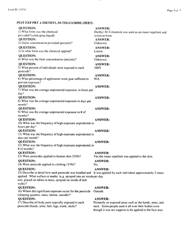   Lead Sheet #15874, Interview with 1st Marine Division preventive medicine technician, April 10, 1998.