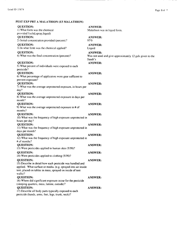   Lead Sheet #15874, Interview with 1st Marine Division preventive medicine technician, April 10, 1998.