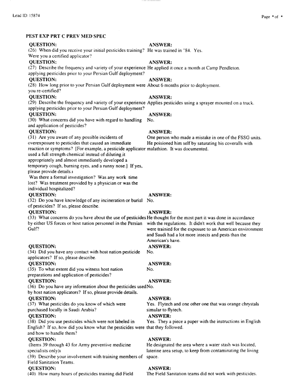   Lead Sheet #15874, Interview with 1st Marine Division preventive medicine technician, April 10, 1998.