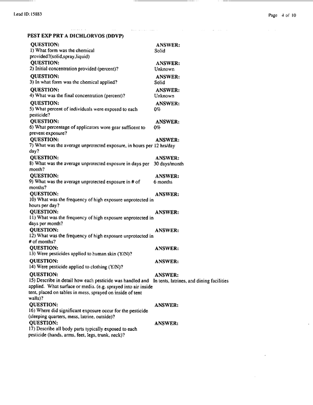 Lead Sheet #15883, Interview with 12th Medical Detachment preventive medicine specialist, April 7, 1998.