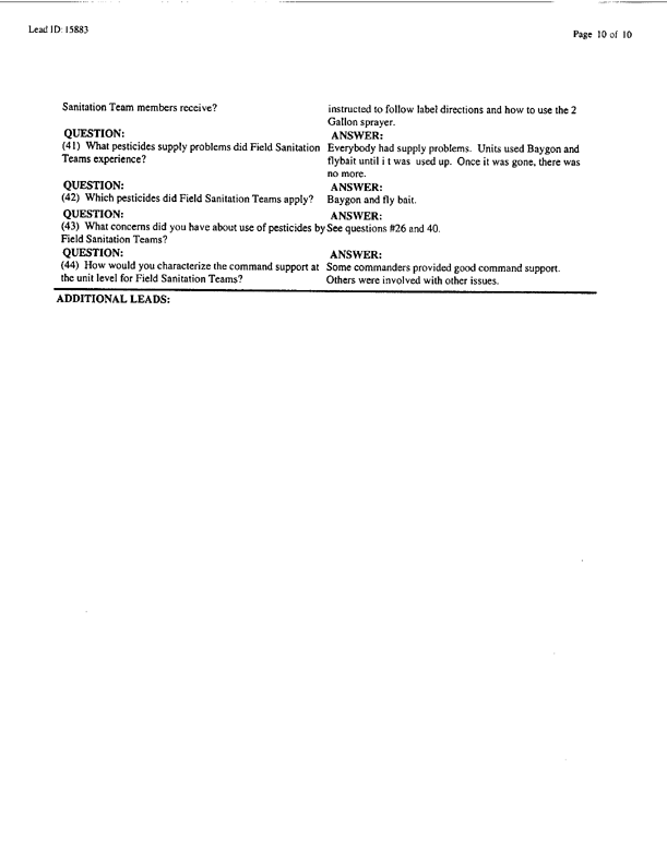 Lead Sheet #15883, Interview with 12th Medical Detachment preventive medicine specialist, April 7, 1998.