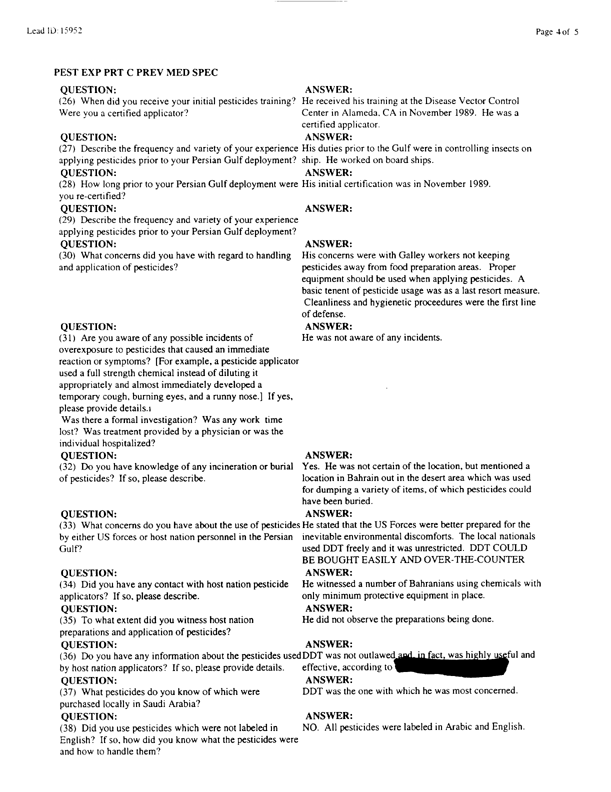 Lead Sheet #15952, Interview with Navy preventive medicine technician, February 23, 1999.