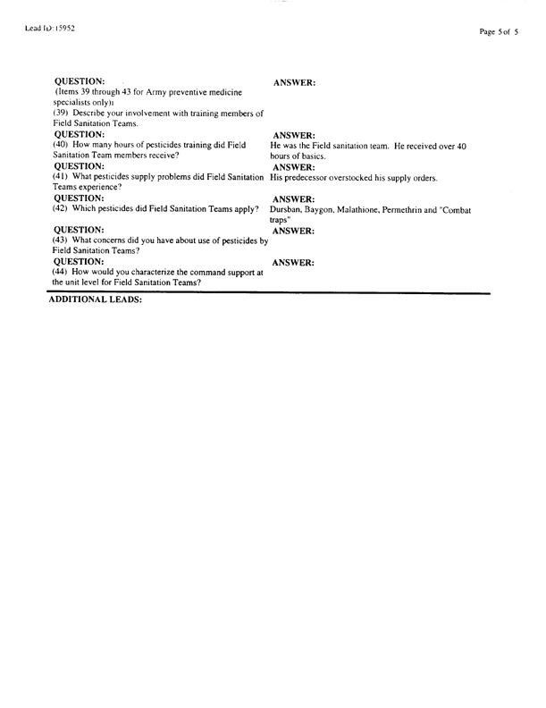 Lead Sheet #15952, Interview with Navy preventive medicine technician, February 23, 1999.