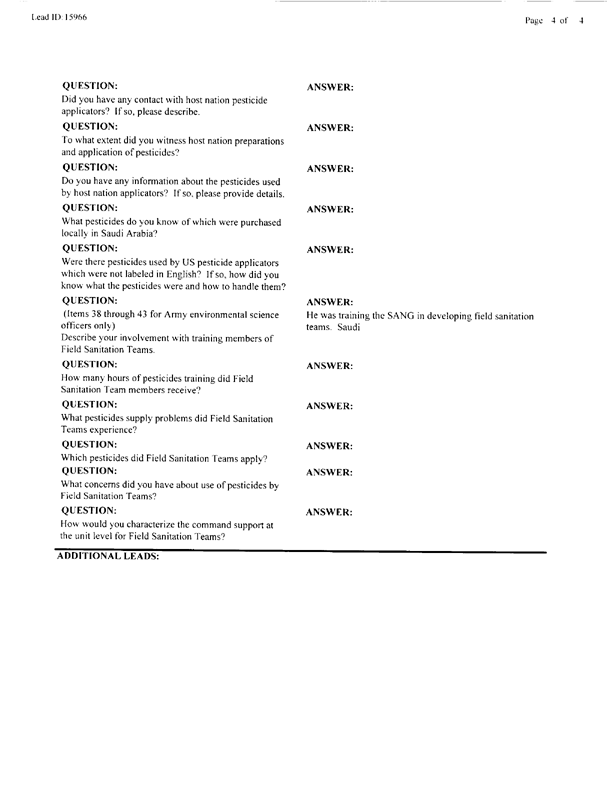   Lead Sheet #15966, Interview with US Army environmental science officer assigned as an advisor to the Saudi Arabian National Guard, June 16, 1998.