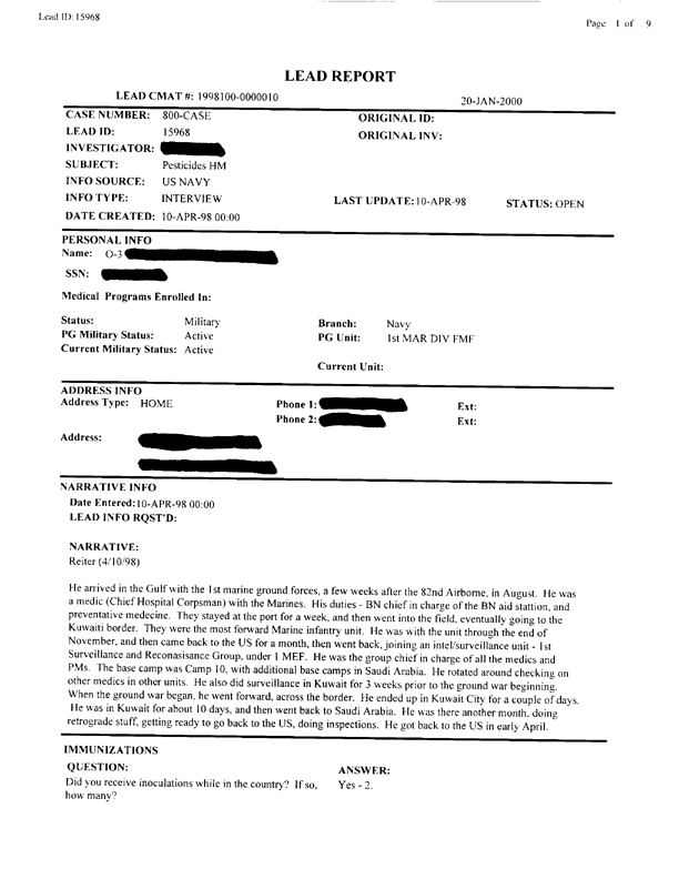   Lead Sheet #15968, Interview with 1st Marine Division preventive medicine technician, April 10, 1998.