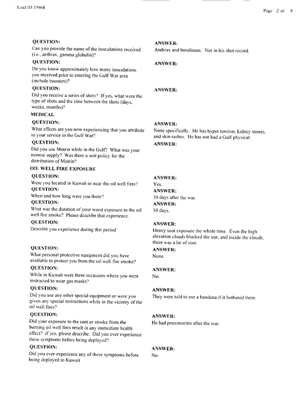   Lead Sheet #15968, Interview with 1st Marine Division preventive medicine technician, April 10, 1998.