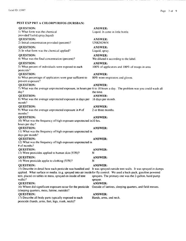   Lead Sheet #15997, Interview with 2nd Medical Battalion preventive medicine technician, April 15, 1998.