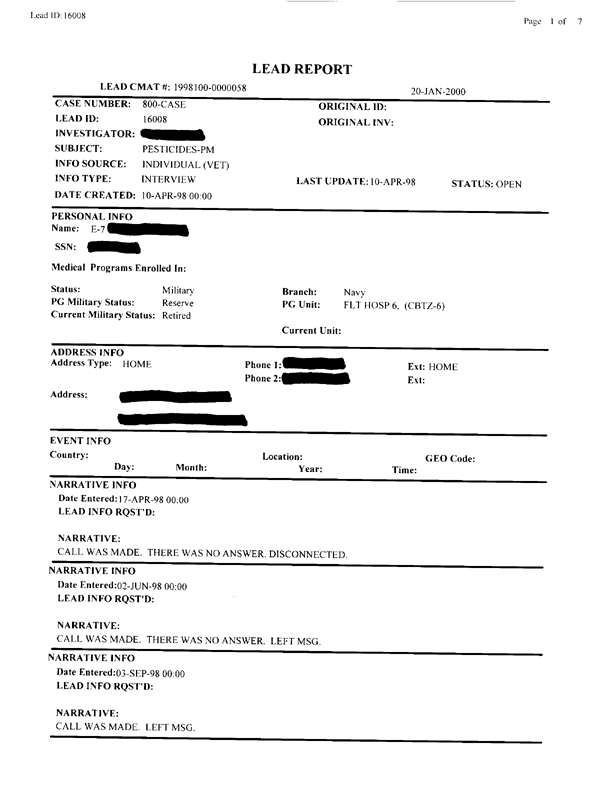   Lead Sheet #16008, Interview with Fleet Hospital 6 preventive medicine technician, September 15, 1998.